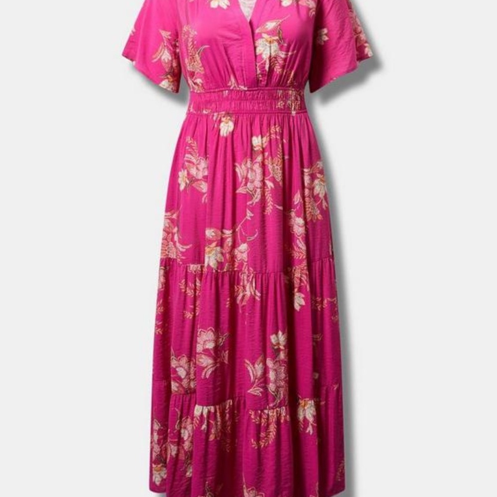 Tiered Flutter Sleeve Y-Neck Maxi Dress